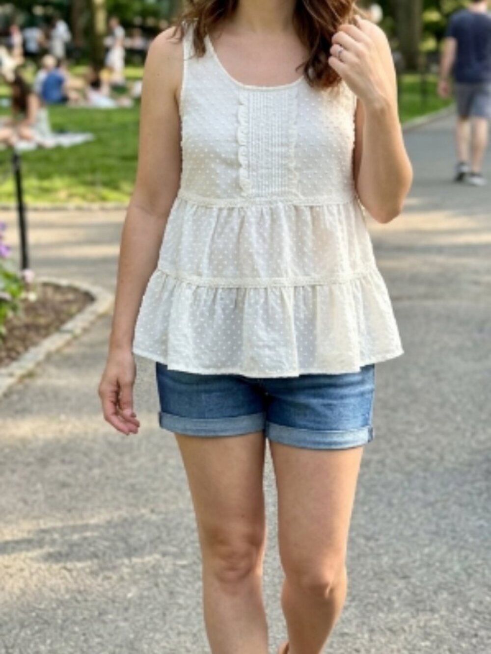 LC Lauren Conrad Babydoll  Ivory Eyelet Tiered Sleeveless Peplum Top